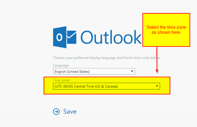 Set your time zone in outlook prompt