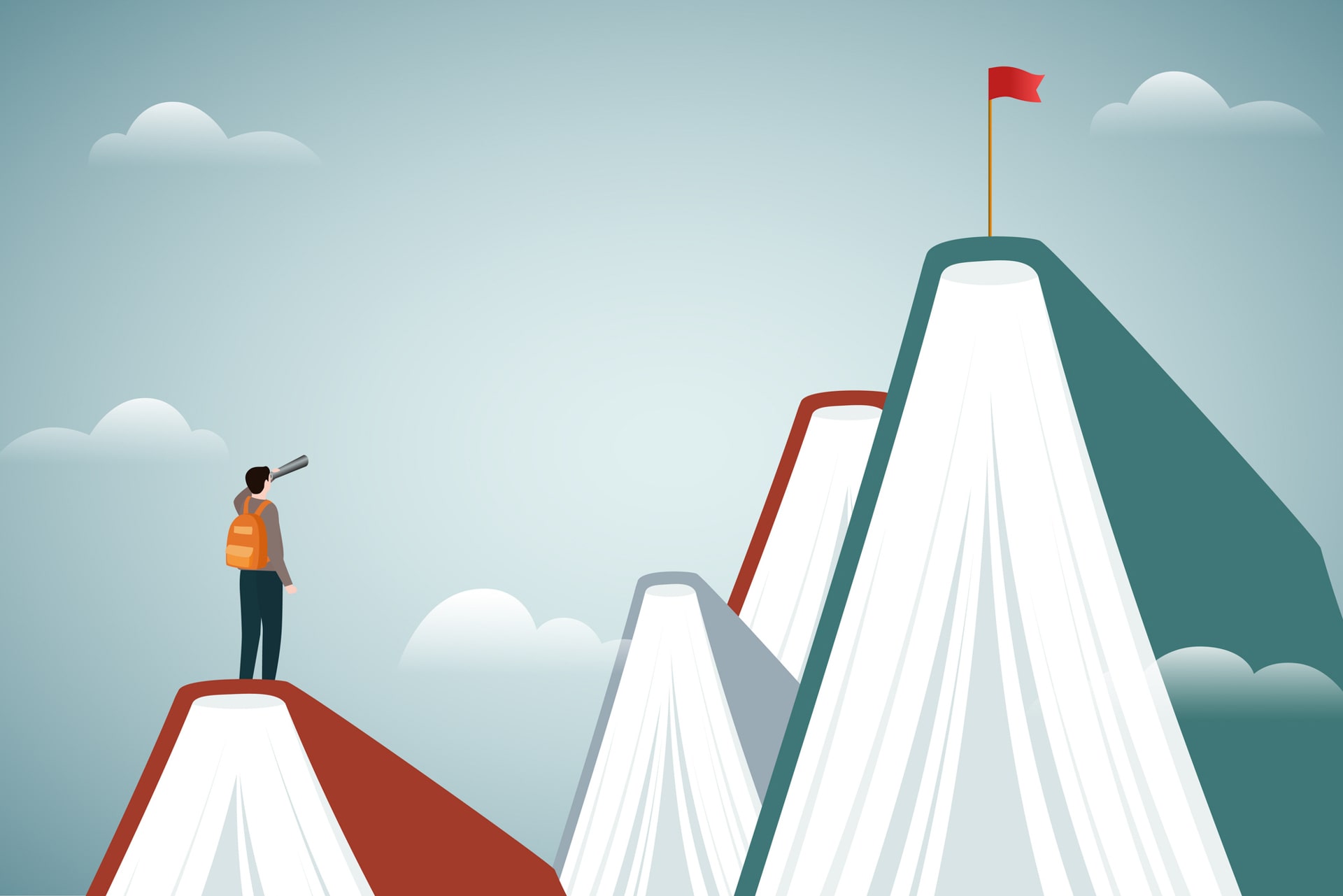Illustration of a person standing atop a stack of books, looking through a telescope toward a red flag on a distant peak, symbolizing the journey and timing considerations for pursuing an MBA.