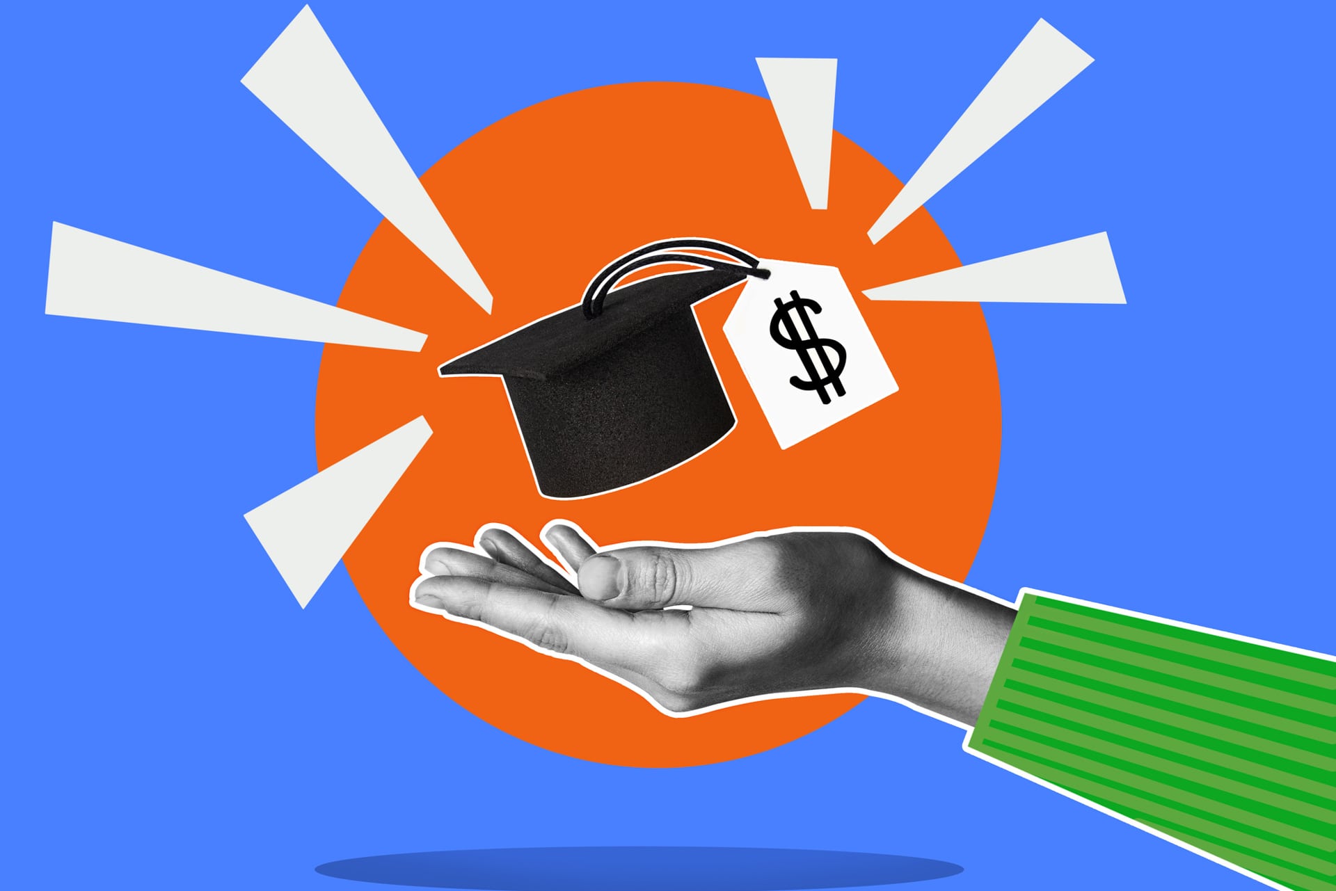 Conceptual image of financial literacy and education, featuring a human hand holding a graduation cap with a dollar sign, symbolizing scholarships in Texas.