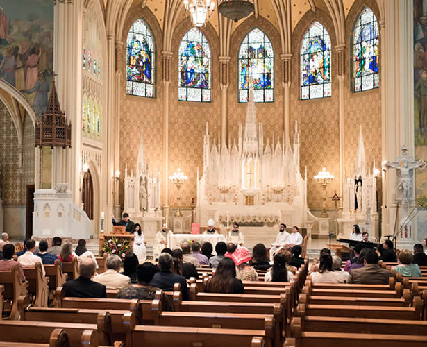 Church congregation listening to reading 