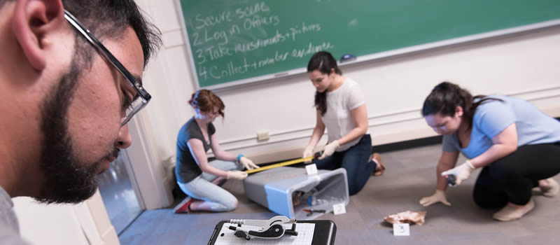 Criminal justice students working on mock crime scene