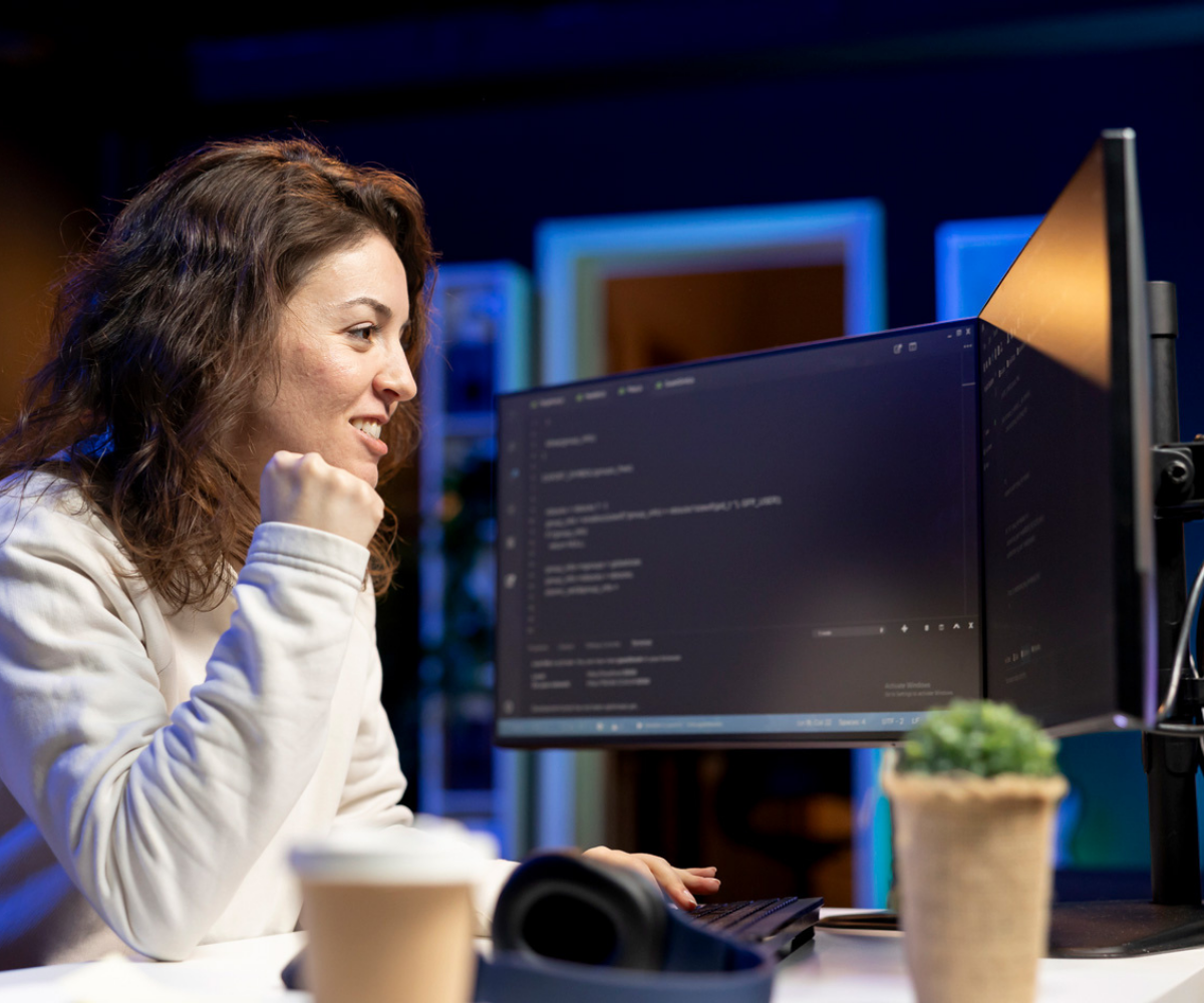 cybersecurity professional coding at desk