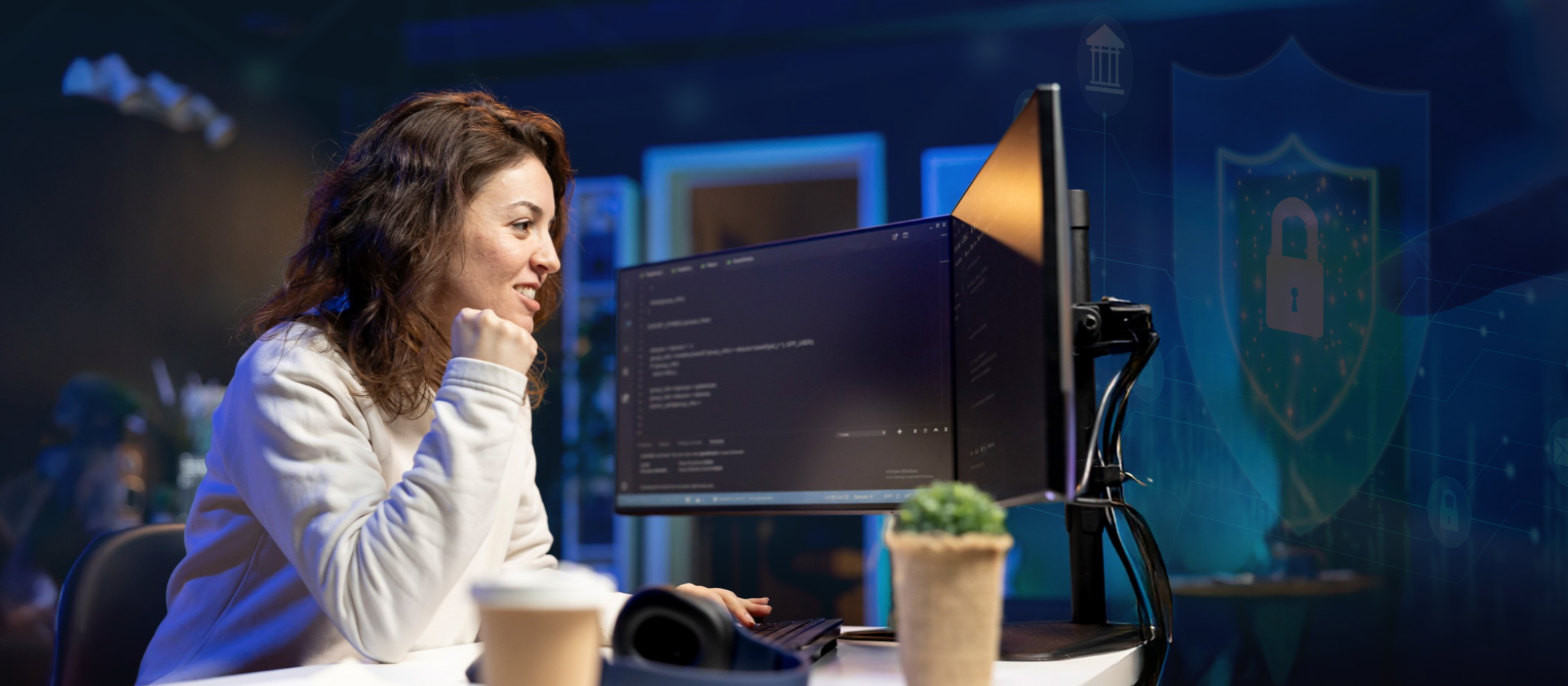 woman working in cybersecurity analyzing code on a computer screen